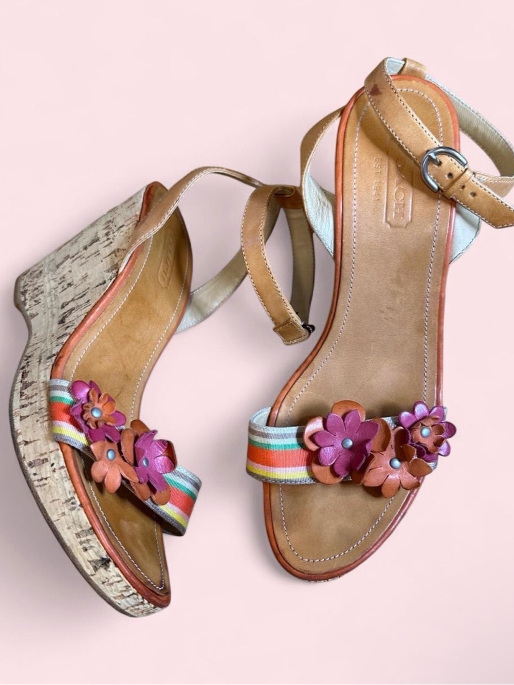 Coach Multicolor Floral Cork Wedge Sandals - Tan, Pink, Orange, Green, Blue